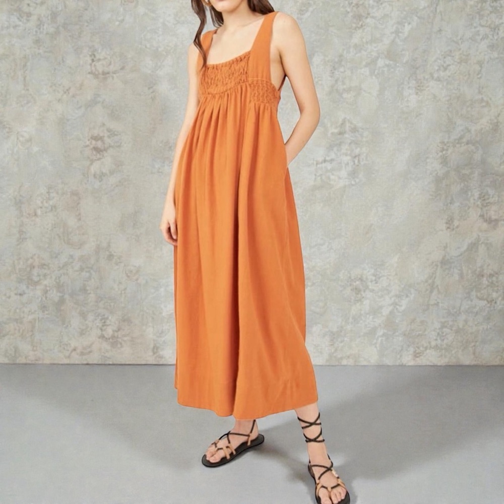 Free People Delphine Smocked Cotton Midi Dress in Size XS